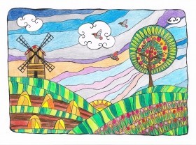 иллюстрация мельница цветные карандаши