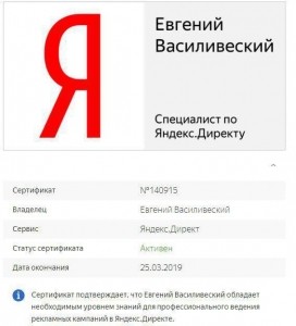 Сертификат Яндекс Директ 2018-2019 год