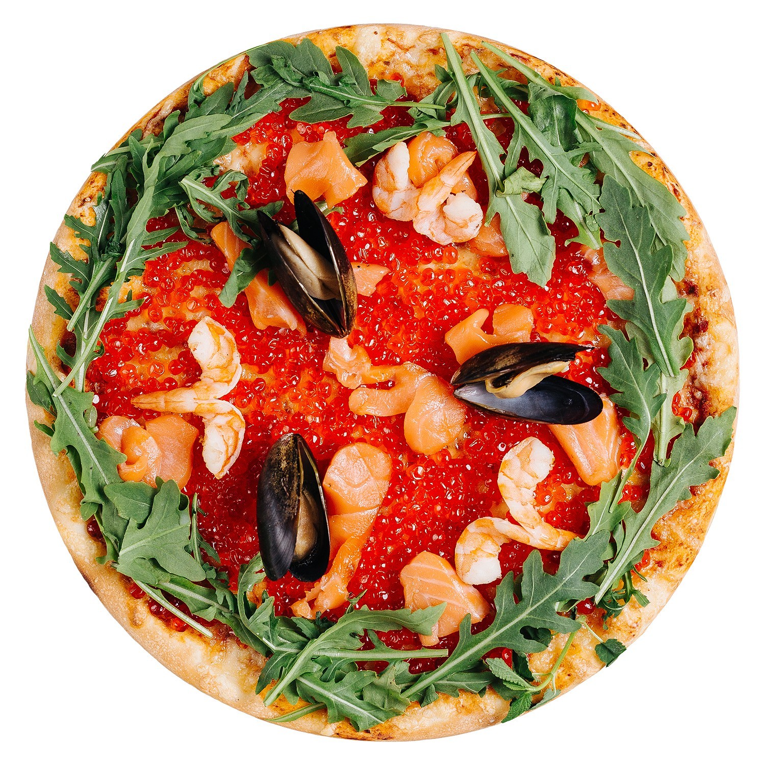 Пицца с лососем, креветками, рукколой и маслинами