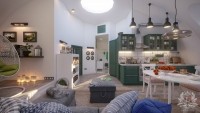 Интерьер купола 50м2 для молодой семьи в скандинавском стиле. Гостиная, кухня-столовая. 3Ds MAX + Corona Renderer  Начал
