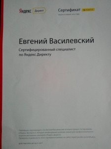 Сертификат Яндекс Директ 2016-2017 год